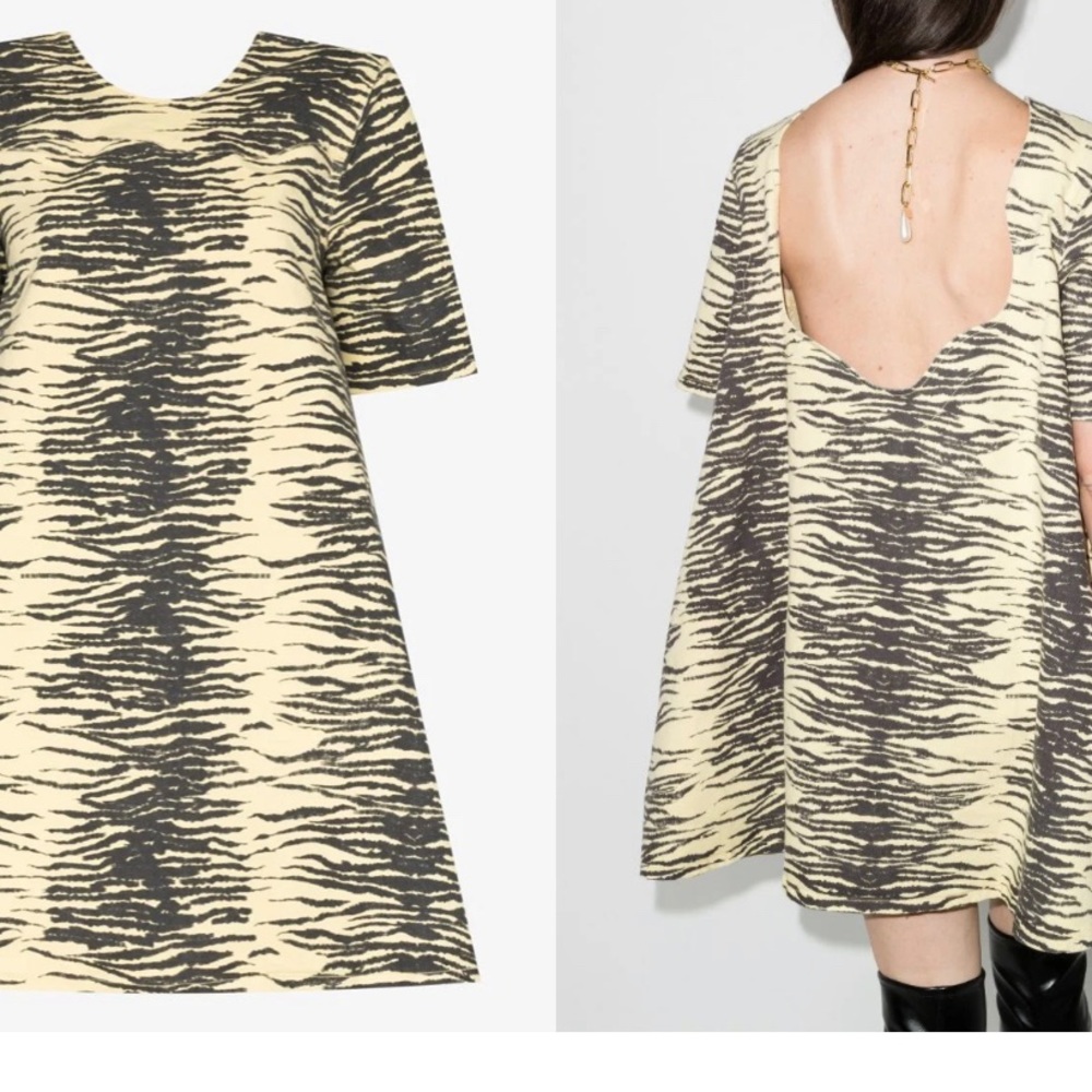 Ganni Yellow Black Denim Tiger Animal Dress NWOT